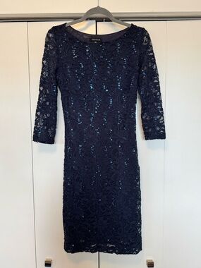 Jessica Navy Blue Lace with Sequins 3/4 Sleeve Sheath Lined Bodycon Dress Sz 10